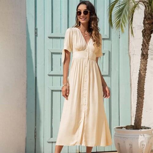 Short Sleeve Single Breasted V Neck High Waist Shirt Dress Women Elegant Bandage Solid Color Beach Long Dresses