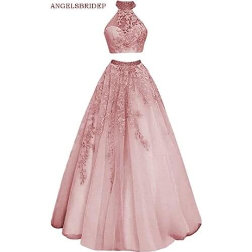 ANGELSBRIDEP 2 Pieces Prom Dresses Vestidos de festa Sexy High Neck Applique Floor-Length Formal Princess Party Gowns Hot