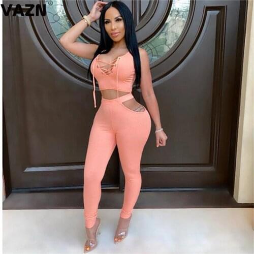 VAZN 2020 Summer New Sexy Club Birthday Sleeveless Bodycon Bandage Outfits Sport Running Casual Beach Ladies Women Sets