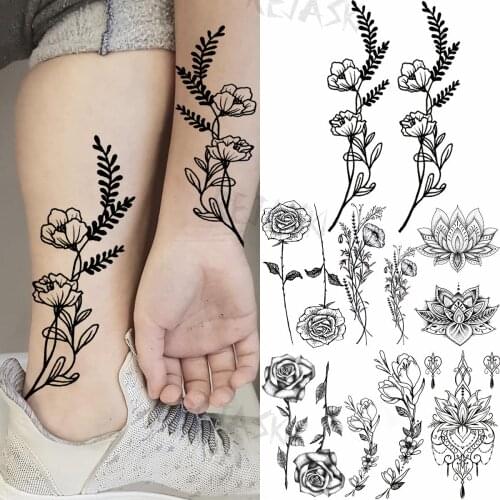 Black Sweatpea Bouquet Temporary Tattoos For Women Adult Rose Lotus Henna Pendant Fake Tattoo Arm Leg Waterproof Tatoos Sticker
