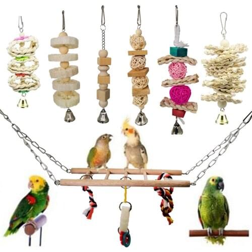 7pcs Parrot Toy Primary Color Set Suspension Bridge Rattan Ball String Shredded Melon Slices String Toy Combination