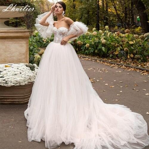 Lhuilier Strapless A Line Tulle Wedding Dresses Puffy Sleeves Floor Length Lace Appliques Beaded Chapel Train Bridal Gowns