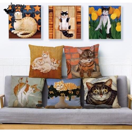 Cute Cartoon Watercolor Cat Print Pillow Cover 45*45cm Textile Cushion Covers Linen Pillow Case Sofa Home Decor Pillows Cases