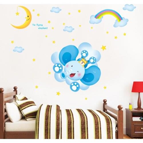 Cartoon Blue Elephant Rainbow Moon Wall Stickers For Kids Room Decoration Cute Animals Wall Mural Art Diy Home Decals