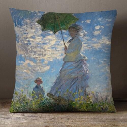 The Promenade, Woman with a Parasol Cushion Covers Claude Monet Art Painting Pillow Case 45X45cm Linen Polyester Sofa Decoration