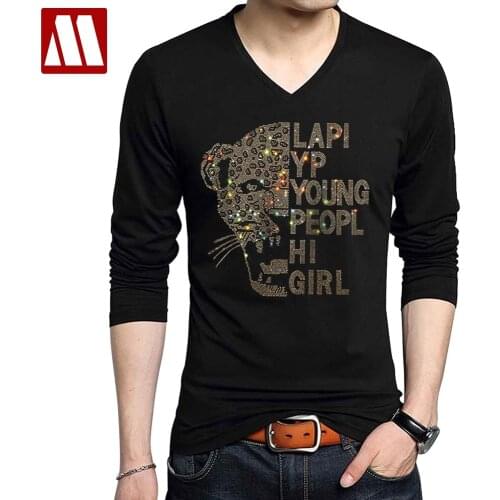 Black T Shirts White Male Shirt Male Streetwear Slim Men Long Sleeve Tees Shirt Diamonds Rhinestone Leopard Panther Plus Size