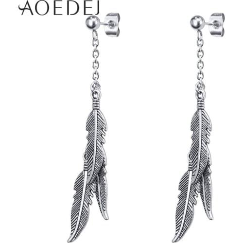 AOEDEJ Stainless Steel Earrings for Women Men Long Tassel Feather Earrings Vintage Hanging Earrings pendientes mujer moda