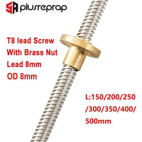 T8 Lead Screw OD 8mm Pitch 2mm Lead 8mm 150mm 200mm 250mm 300mm 350mm 400mm 500mm with Brass Nut for Reprap 3D Printer Z Axis