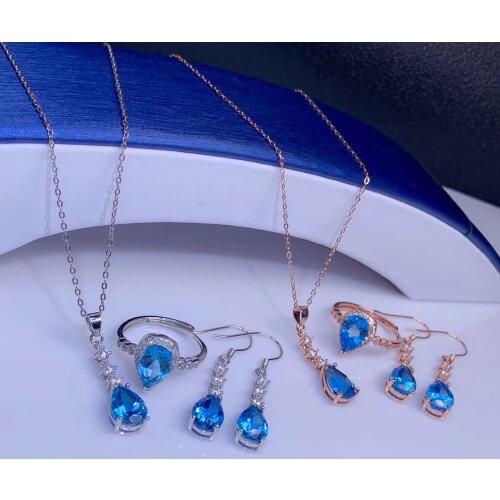 Blue topaz jewelry set including ring earrings necklace with 925 silver gold plated natural topaz girl party gift