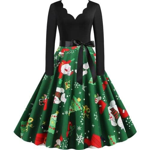 Witbuy 2020 Christmas Black Big Swing Santa Print Winter Long Sleeve Sexy Dresses For Women Vintage V Neck New Year Party Dress