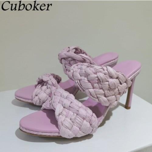 2021 Luxury Brand Women Slippers Fold Woven Pointed Toe Thin High Heels Sandals Woman Summer Runway Party Dress Shoes For Women