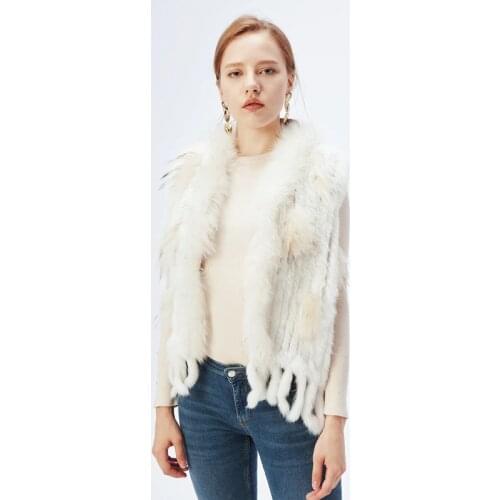 ETHEL ANDERSON Womens Handmade Knitted Gilet Real Farm Rabbit Fur Vest/Top Lady Warm Raccoon fur Collar Vtg Tassels Wholesale