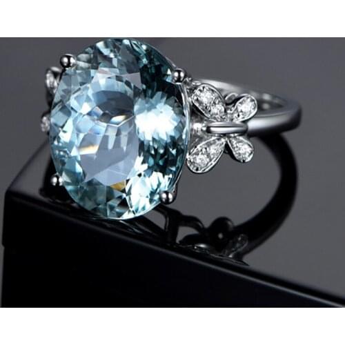 2020 Hot Big Oval Sea Blue Zircon Rings For Women Men Trendy White Zircon Butterfly Silver Plated Female Jewelry Wedding Gifts