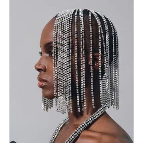 2021 Luxury Rhinestone Short Tassel Bob Headband Hairpiece Jewelry for Women Headwear Bling Crystal Long Tassel Hair Chain Hairb