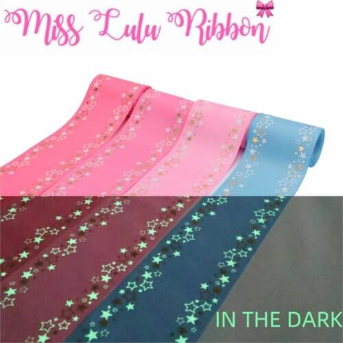 3"75mm Star Pattern White Ink Print Glow in the Dark Hologram Gold Foil Solid Color Grosgrain Ribbon DIY Hair Bands 50yards/roll