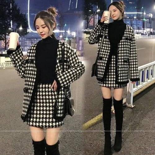 Fashion Women Sets Houndstooth Vintage Two Piece Sets Outfits Women Autumn Cardigan Tops And Mini Skirt Suits Elegant Ladies