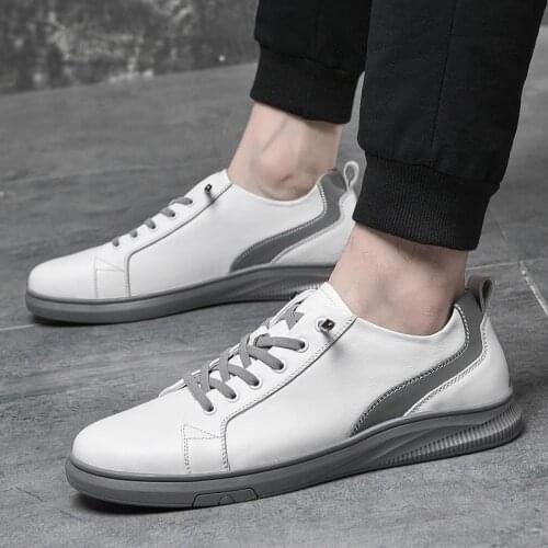 New Men Casual Breathable Genuine Leather Lace-up Sneakers White Fashion Mens Casual Outside Walking Non-slip Mens Sneakers