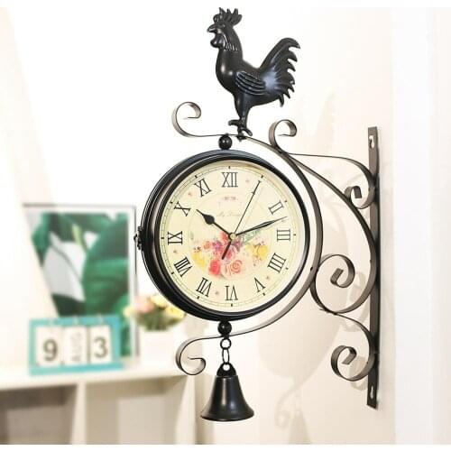Retro double-sided wall clock wrought iron weatherproof interior decor black