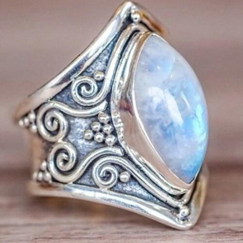 Vintage Antique Big Moonstone Ring Bohemian Metal Women Fashion Elegant Finger Ring Jewelry
