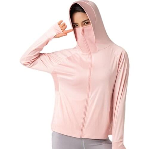 Women UPF 50+ Long Sleeve Sunscreen Jacket Hooded Mask Zip Front Anti-UV Shirts Summer Outdoor Ice Silk Thin Sport Coat