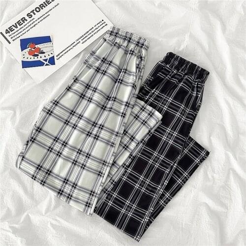 Casual Pants Women Elastic Waist Plaid Wide Leg Trousers Woman Students Simple Chic Trendy All-match Harajuku 2021 Long Pants