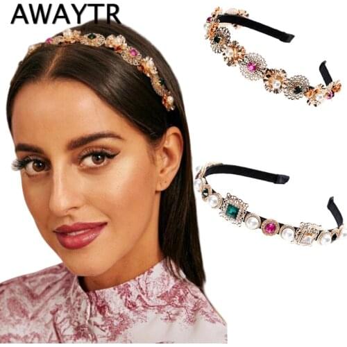 AWAYTR Fashion Retro Baroque Gemstone Decor Headband for Women Bezel Hairband Bride Luxury Wedding Hair Accessories