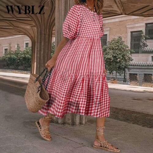 WYBLZ Summer Women Dress 2021 New Casual Short Sleeve Plaid Printed Sundress Loose Pleated Mid-Calf Party Dresses Robe Femme