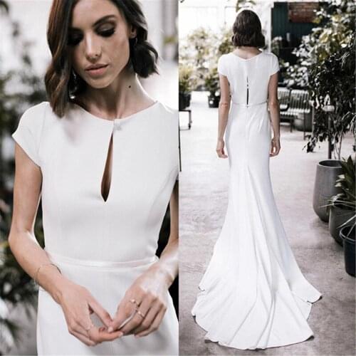 2021 Latest On Sale Ivory Short Sleeve Wedding Dresses for Bride Sexy Front Split Bridal Wedding Gowns Mermaid Court Train