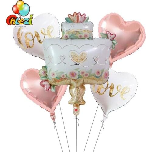 5pcs Flower Cake Balloons Rose gold Diamond ring Helium Balloon Heart Shape Love Globos Wedding Birthday Party Decoration Shower
