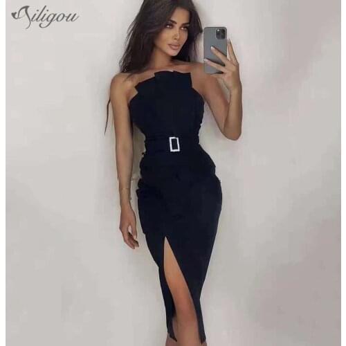 Ailigou 2021 New Summer WomenS Fashion Chic New Black Dress Design Belt Sexy Split Strapless Celebrity Party Club Midi Dress