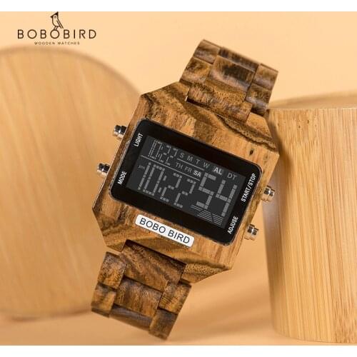 Men Watches BOBO BIRD Multi-Function LED Electronic Watches Luxury Brand Color digital Date display Wood Strap Gift Bamboo Box