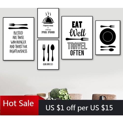 Black White Cartoon Kitchenware Art Painting Poster And Print Knife And Fork Wall Decor Pictures Kitchen Modern Home Room Decor