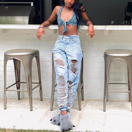 Women High Waist Jeans Pants Elastic Holes Denim Jeans 4 Season Pencil Pants Ripped Womens Casual Jeans Trousers