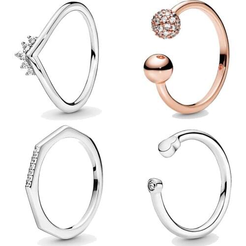 Authentic 925 Sterling Silver Ring Rose Polished & Pave Bead Tiara Wishbone Industrial Modern Ring For Women Jewelry