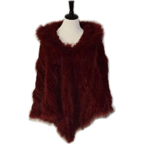 Harppihop New fashion women Genuine Knitting Rabbit Fur Poncho Raccoon Fur Collar Shawl With Hood brazil russia hot sell
