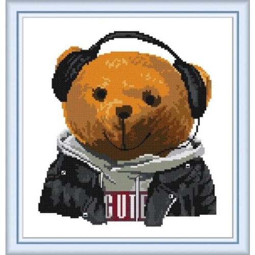 Joy Sunday,Cross-stitch,Stamped, Music Bear,White Canvas Cotton,Embroidery Thread,Needlework Kits,Home Decor,Animal Paterns Sets