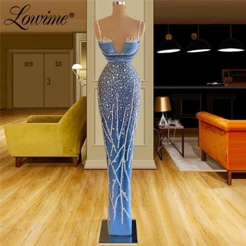 Lowime Blue Arabic Evening Gowns For Women Mermaid Beads Dubai Wedding Party Dresses Elegant Muslim Formal Dress Prom Gown Robes