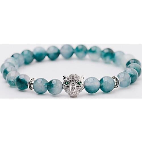 Natural Green Bright Stone Silver Color Leopard Elastic Bracelet Men Charm Bracelets&Bangles For Women Jewelry Gift AB717