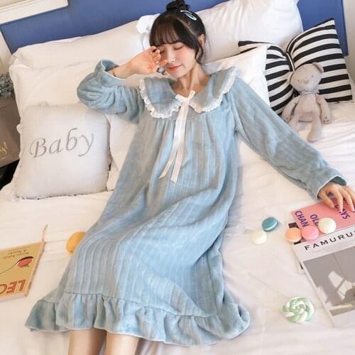 Nightdress Womens Long-sleeved Sleeping Dress Flannel Sweet and Cute Home Clothes Thick Princess Style Cloths Autumn and Winter