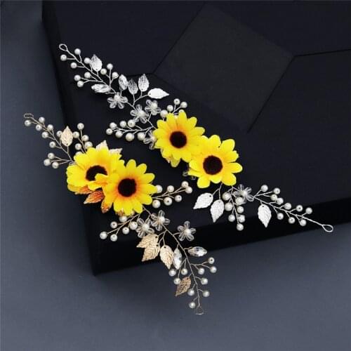 OKILY New Fabrics Sunflower with Pearl for Women Headbands Wedding Hair Accessories Crystal Bridal Bride Daisy Hair Ornaments