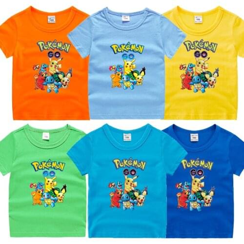 Pokemon Pikachu Clothes 100% Cotton Childrens T-shirt Soft Short-sleeved Children Shirt Boy Tops Cartoon Girls Tops Breathable