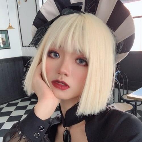 Blond Pale Gold Lolita Wig Women Short BOBO Synthetic Hair Fringe Bangs Adult Chic Girls Cosplay Daily Wear Beige Wig