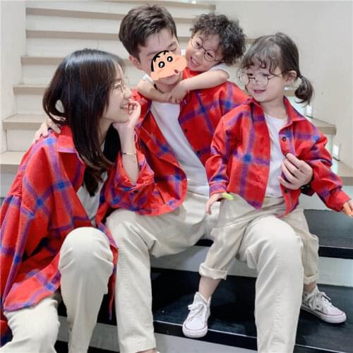 Parent-child plaid shirt 2021 spring and autumn new childrens lapel mother-daughter mother-child leisure family shirt