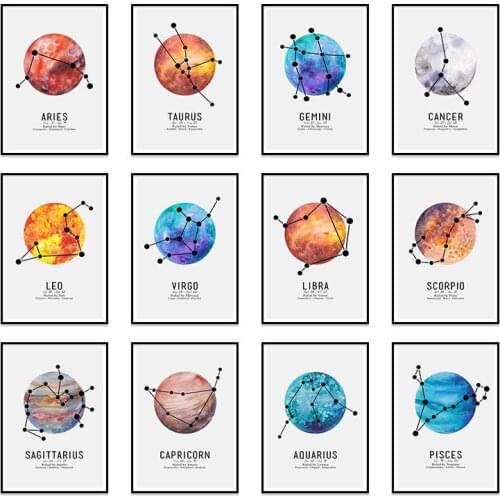 Constellations Nursery Wall Art Canvas Painting Zodiac Astrology Sign Color Print Nordic Kids Decoration Pictures