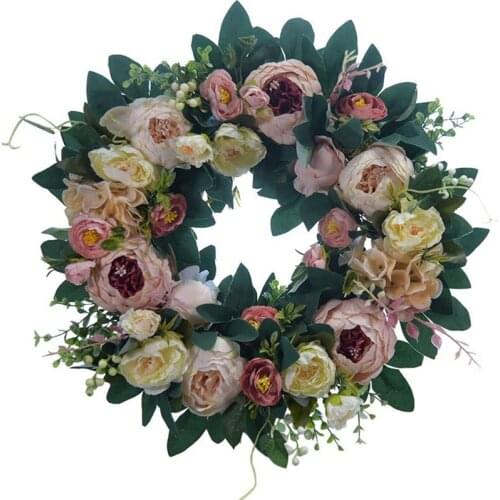 Front Door Wreath Round Silky Artificial Peony Floral Wreath Home Decor for Window Wall Christmas Festival 15 Inch