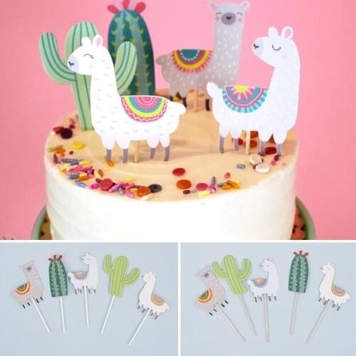 Alpaca Insert Card Wooden Label Cute Cake Decoration Desert Oasis Cactu Lovely Alpaca Mud Decoration Insert Card Plugin 5PCS/Set