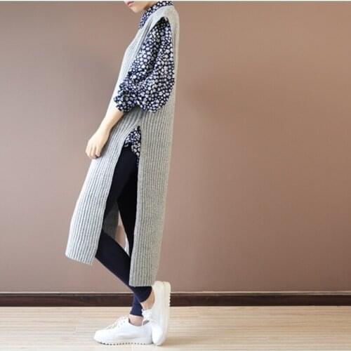 WM005 Autumn 2017 vintage loose thick knitted tank dress high slits sweater dress women