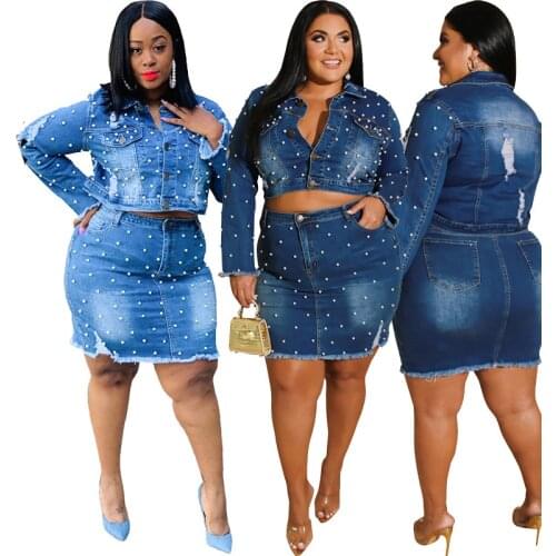 5XL Plus Size Denim Two Piece Set Tracksuit Women Jeans Beading Long Sleeve Crop Top Coat and Mini Skirt Suit Party Club Outfits