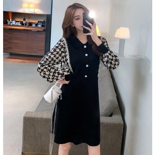 Autumn Vintage Gentle Slim A Line Long Sleeve Lapel Knitting Dress Women Bird Lattice Patchwork Robe Vestido De Mujer Fashion