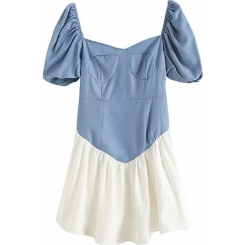 New Women Vintage Patchwork Dress Square Neckline Short Puff Sleeves Side Zip Elegant Short Dresses Woman Robe